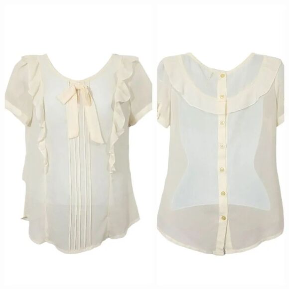 NEW Vintage 90s Y2K City Bird Ruffled Sheer Chiffon Top in Ivory Size Small - Picture 9 of 9